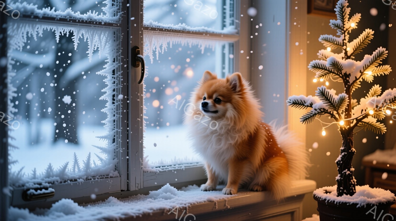 ふわふわの茶色のポメラニアンが、雪の積もった窓辺に座って外を見つめています。窓の外は雪景色で、雪が降り積もり、背景にはぼんやりと建物が見えます。小さなライトで飾られたクリスマスツリーが窓の近くに置かれ - AI生成フリー素材