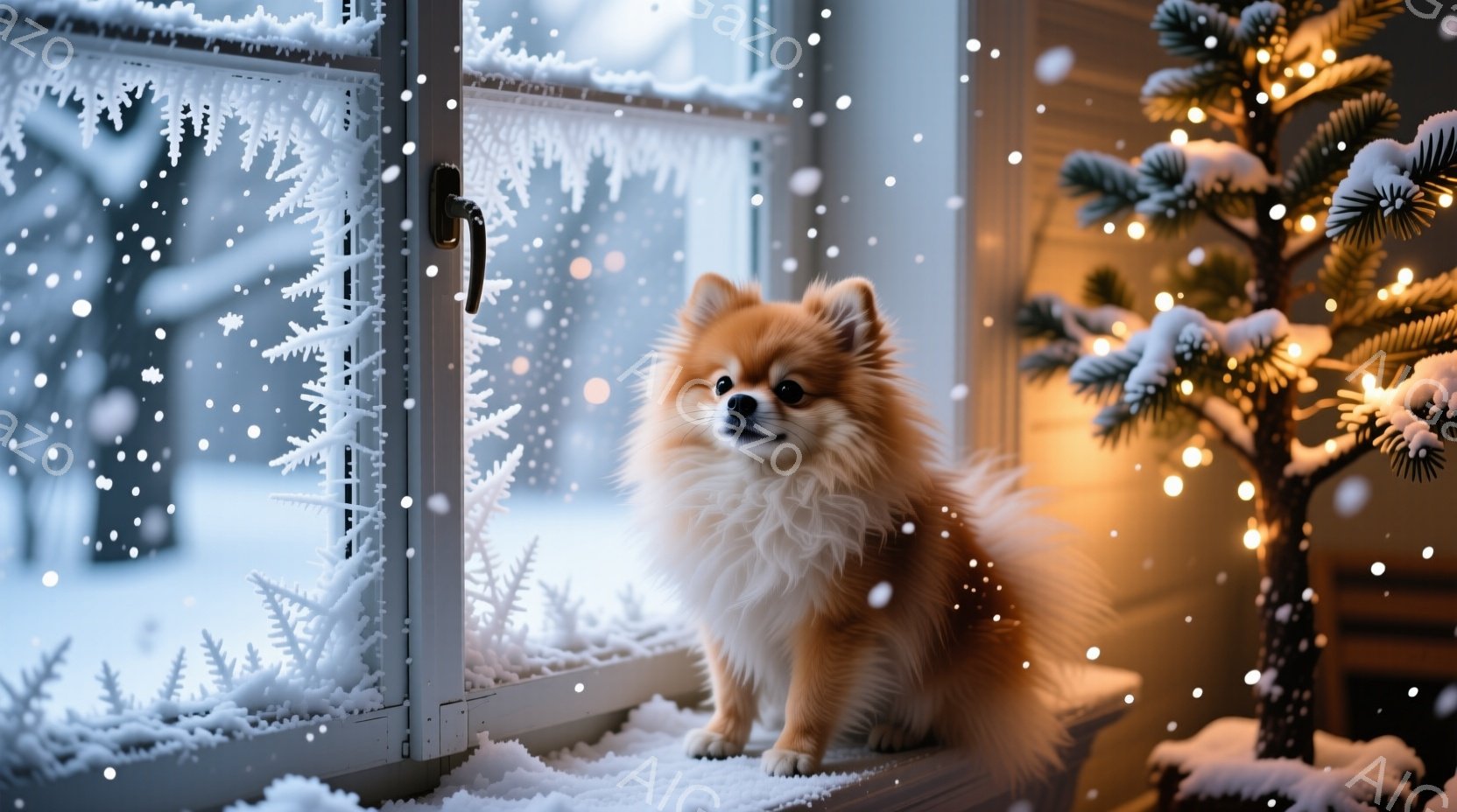 白い窓枠に座っている、ふわふわの茶色のポメラニアンが写っています。雪が降る外を眺めており、その表情は穏やかで、少し寂しげにも見えます。背景には雪で覆われた庭と、キラキラと光る小さなクリスマスツリーがあ - AI生成フリー素材