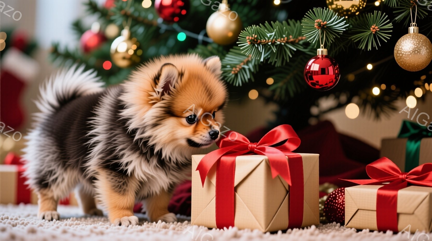 蓬ふわとした毛並みの茶色と黒の小型犬が、クリスマスプレゼントのラッピングされた箱に鼻を近づけています。背景にはクリスマスツリーの緑と、赤や金色のオーナメントが輝き、プレゼントボックスがいくつか置かれています。全体的に暖かく、愛らしいクリスマスの雰囲気が漂っています。
