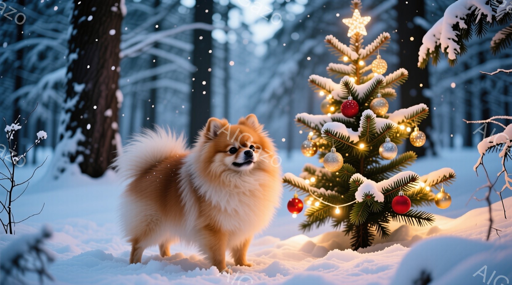 ふわふわの茶色のポメラニアンが雪景色の中で、飾り付けられた小さなクリスマスツリーの横に立っている。ツリーはオーナメントと電飾で輝き、雪が舞う森の中に暖かな光を投げかけている。背景は雪に覆われた木々で、 - AI生成フリー素材