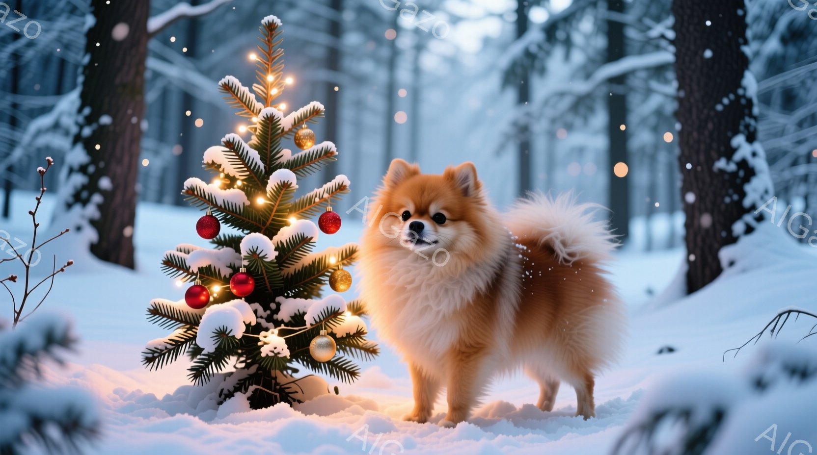 ふわふわの茶色のポメラニアンが、雪景色の中でクリスマスツリーの隣に立っている。ツリーはオーナメントで飾られ、雪が積もった地面と背景の暗い木々とのコントラストが美しい。全体的に暖かく、お祝いの雰囲気が漂 - AI生成フリー素材