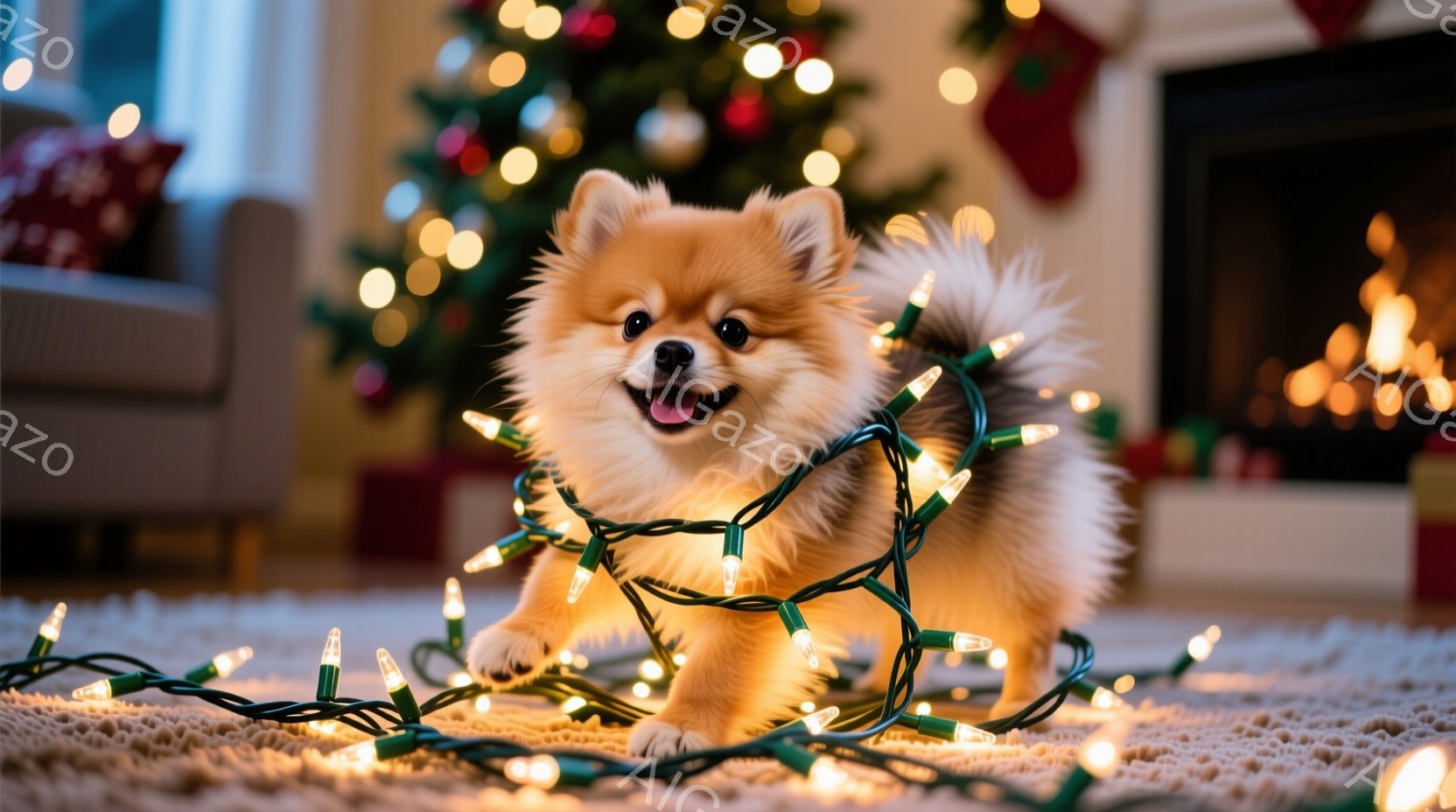ふわふわの茶色のポメラニアンの子犬が、クリスマスのイルミネーションの光るコードに絡まれて床に座っています。子犬は口を開けて楽しそうに微笑んでおり、おもちゃのようにイルミネーションと遊んでいる様子が伺え - AI生成フリー素材