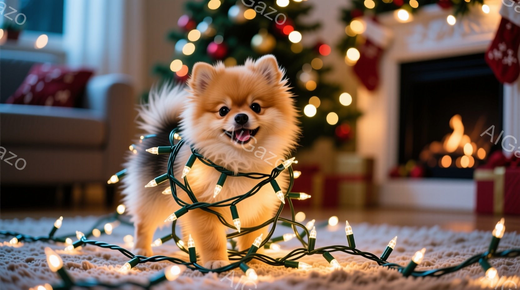 ふわふわの茶色のポメラニアンが、クリスマスツリーのイルミネーションにじゃれついている様子が写っています。犬は口を開けて笑顔を見せ、遊び心に満ちた表情をしています。背景には、飾られたクリスマスツリーや暖 - AI生成フリー素材
