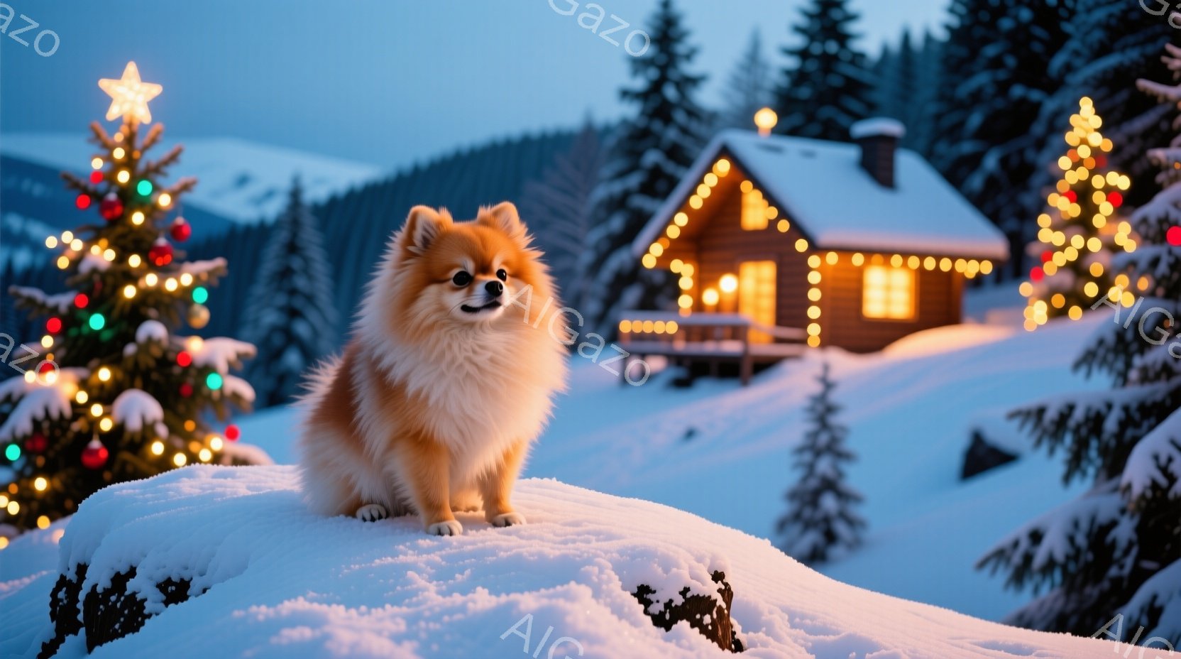 ふわふわの茶色のポメラニアンが雪の丘の上に座っており、正面を見て少し微笑んでいるように見えます。背景には、クリスマスツリーとイルミネーションで飾られた暖かい光を放つログハウスがあり、雪景色の中に静かで - AI生成フリー素材