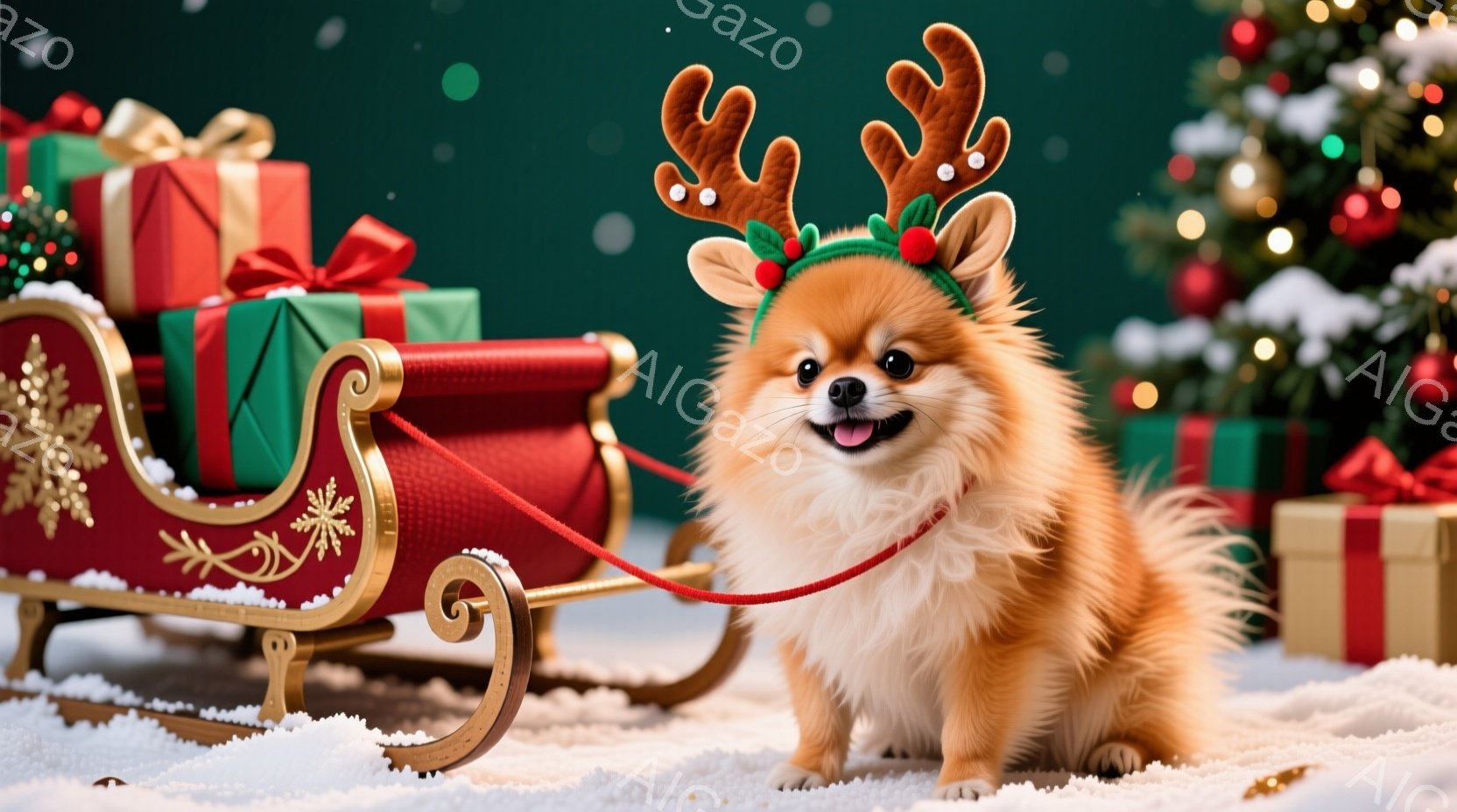 ふわふわの茶色のポメラニアンが、赤いそりに座って正面を見ています。頭にはトナカイの角が生えた飾りをつけており、楽しそうに微笑んでいます。背景には、プレゼントの箱とクリスマスツリーがあり、雪が降る冬の暖 - AI生成フリー素材