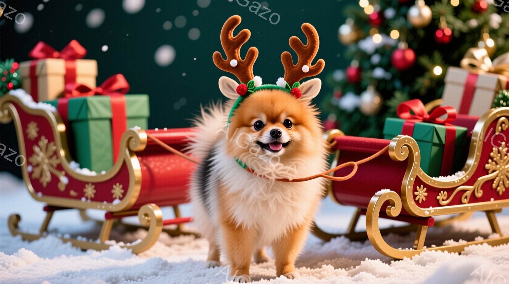 ふわふわのクリーム色のポメラニアンが、クリスマスらしいトナカイの角のヘッドバンドをつけています。白い雪の上に赤色のソリが置かれ、ソリにはカラフルなラッピングペーパーで包まれたプレゼントが積まれています - AI生成フリー素材