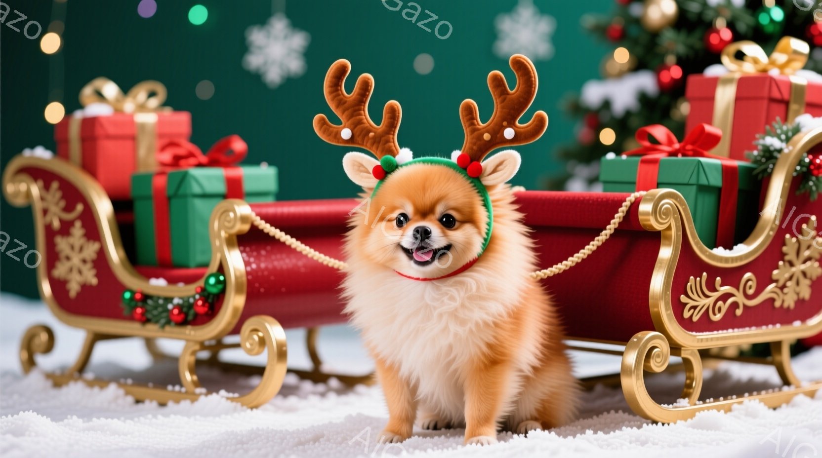 ポメラニアン犬が、赤いサンタのソリに座ってこちらを見ています。頭にはトナカイの角のヘッドバンドをつけており、可愛らしい表情をしています。背景にはクリスマスツリーとプレゼントの山があり、雪が降る冬の暖か - AI生成フリー素材