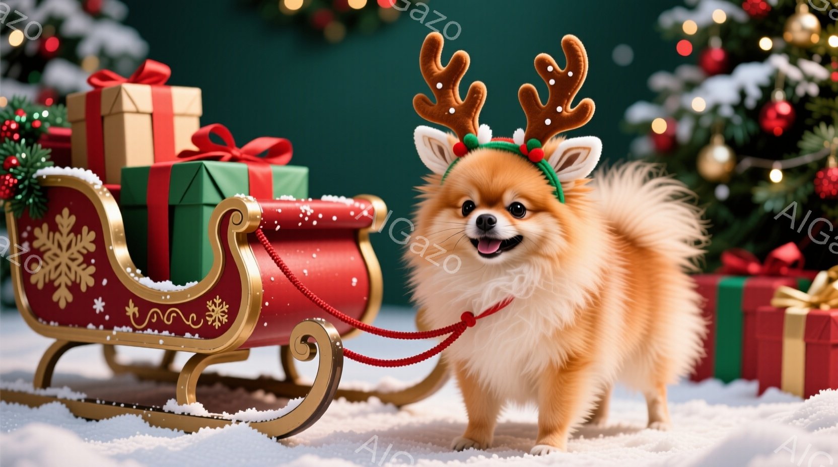 ふわふわのクリーム色のポメラニアンが、クリスマスらしい赤いそりに引かれて雪の上に立っています。頭には角のついたヘアアクセサリーがついており、楽しそうな表情で正面を見ています。背景には緑のクリスマスツリーとカラフルなプレゼントボックスが並び、雪が降る冬の暖かい雰囲気が漂っています。