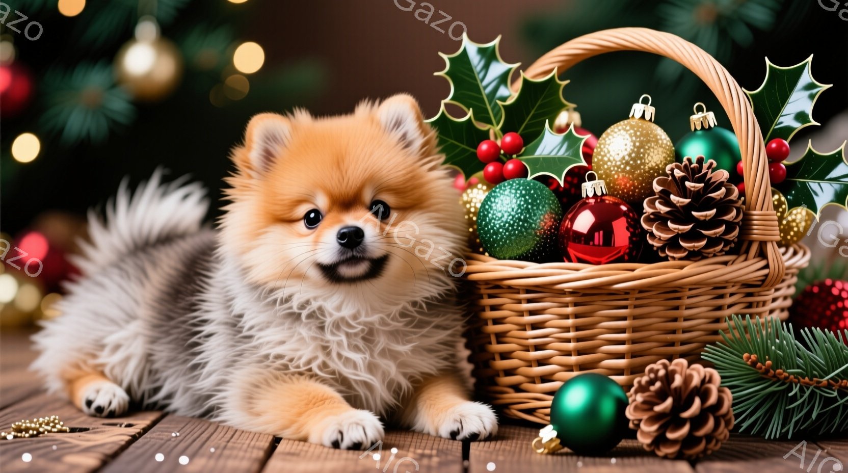 ふわふわのクリーム色のポメラニアンが木の板の上に横たわっており、少しだけカメラの方を見ています。そばには、クリスマスオーナメントや松ぼっくりが詰め込まれた籐のバスケットがあり、背景にはぼやけた緑のクリスマスツリーと輝く電球が見えます。全体的に暖かく、ホリデーシーズンらしい雰囲気で、愛らしい犬が中心となっています。