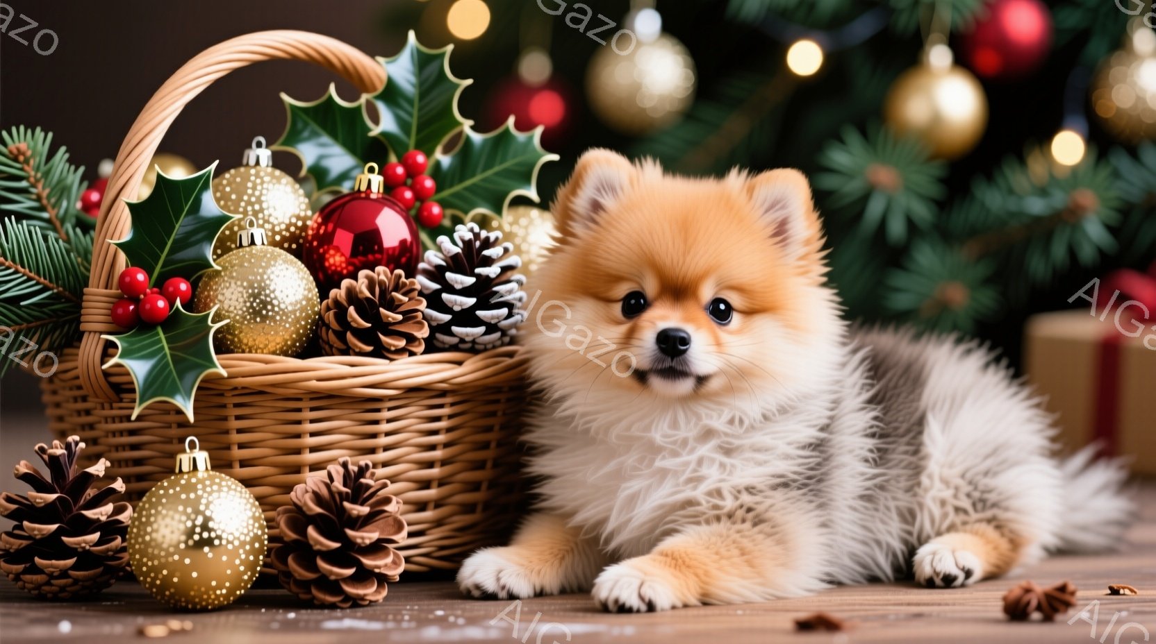 ふわふわのクリーム色の柴犬の子犬が、クリスマスオーナメントと松ぼっくりでいっぱいの籐のバスケットの横に横たわっています。子犬は前足を伸ばし、好奇心と遊び心に満ちた表情でカメラを見つめています。背景には - AI生成フリー素材