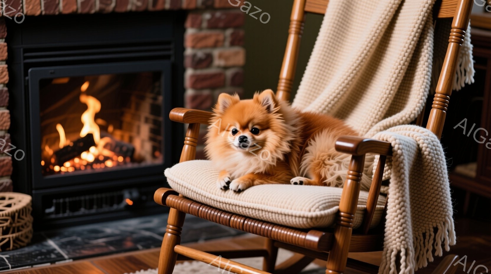 暖炉のそばのロッキングチェアに、オレンジ色の毛並みのポメラニアンが座っています。犬はリラックスした様子で、前足を伸ばして座り、穏やかな表情をしています。背景にはレンガ造りの暖炉があり、暖かく居心地の良 - AI生成フリー素材