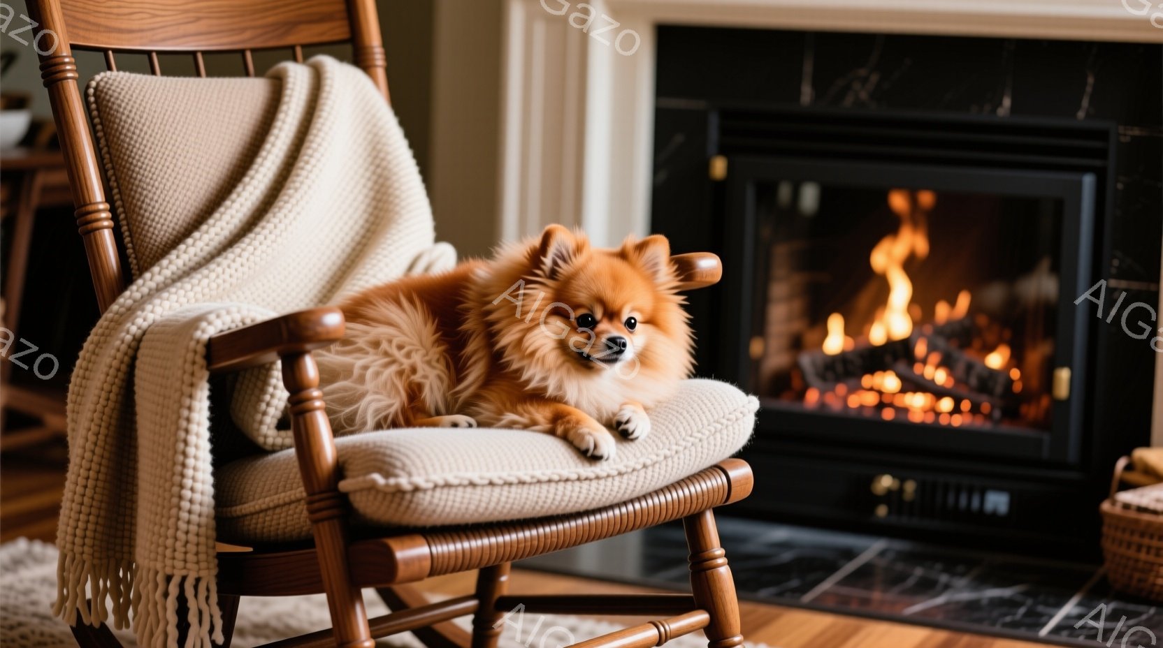 オレンジ色の小型犬が、クリーム色のクッションとブランケットが敷かれたロッキングチェアにゆったりと座っています。背景には暖炉があり、火が燃えて温かい雰囲気を醸し出しています。木製の床と控えめなインテリア - AI生成フリー素材