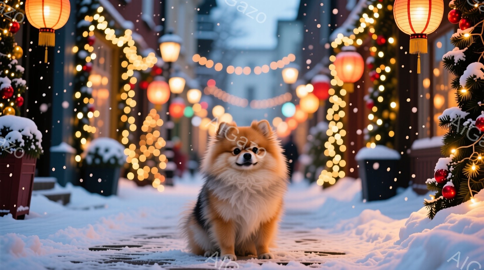 ふわふわのクリーム色のポメラニアンが雪に覆われた石畳の道に座っています。背景には、カラフルなイルミネーションと装飾で飾られた街並みが広がり、クリスマスの華やかな雰囲気を醸し出しています。雪が舞い降りる - AI生成フリー素材