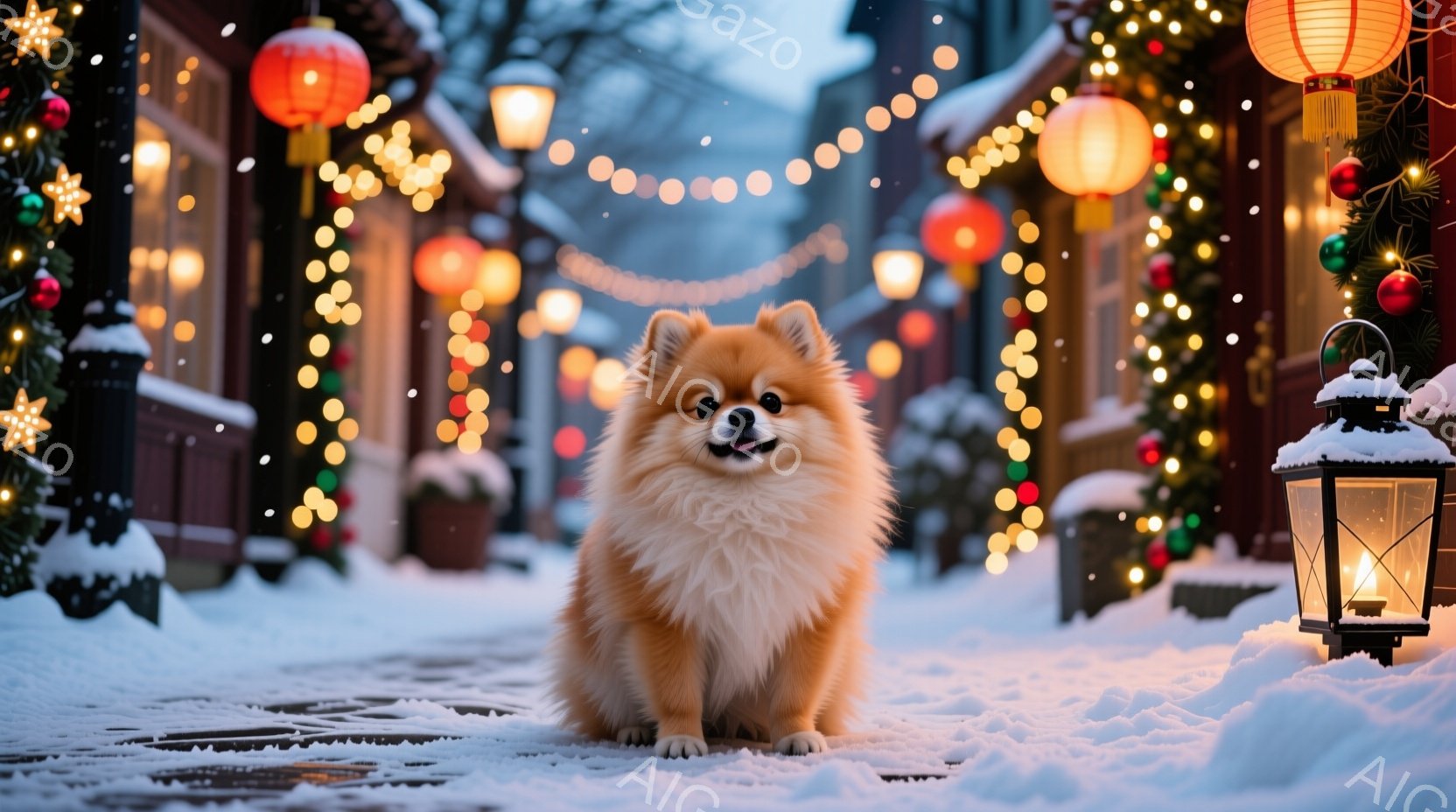 ふわふわの茶色のポメラニアンが雪景色の中に座っています。背景には、クリスマスツリーやイルミネーションで飾られた建物が並び、暖かく幻想的な雰囲気を醸し出しています。雪は静かに降り積もり、冬の温かい祝祭の - AI生成フリー素材