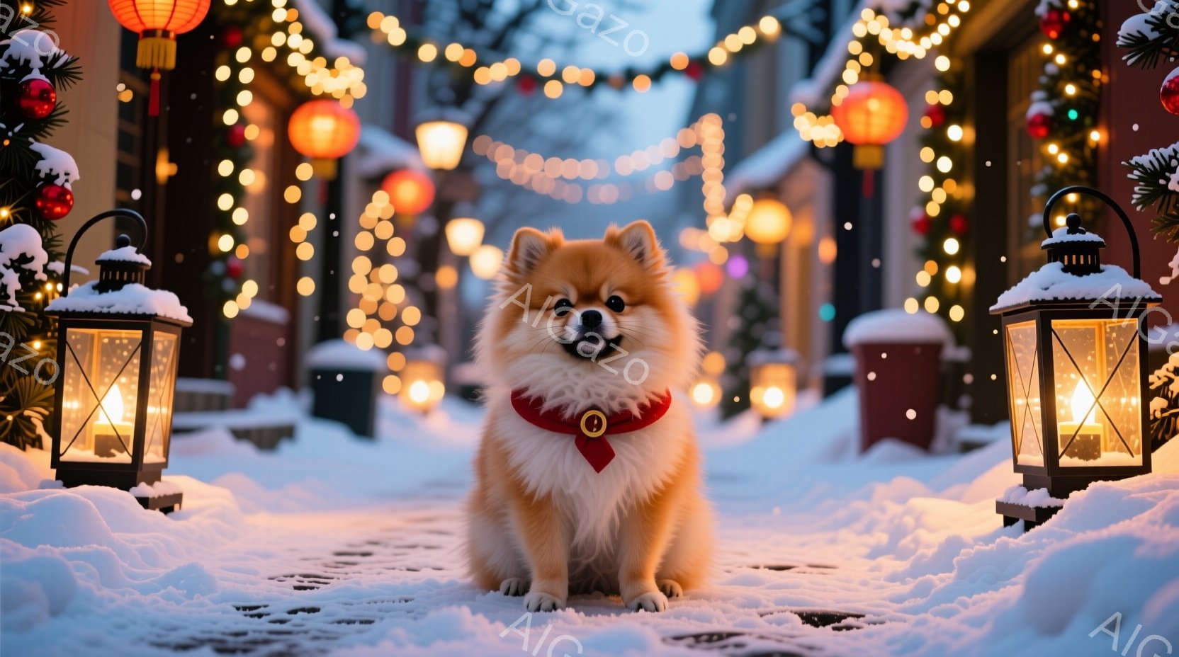 ふわふわのクリーム色のポメラニアンが雪道に座っており、赤い首輪をつけています。その表情は穏やかで、カメラに向かって微笑んでいるように見えます。背景には、光り輝くイルミネーションと雪に覆われた建物があり - AI生成フリー素材