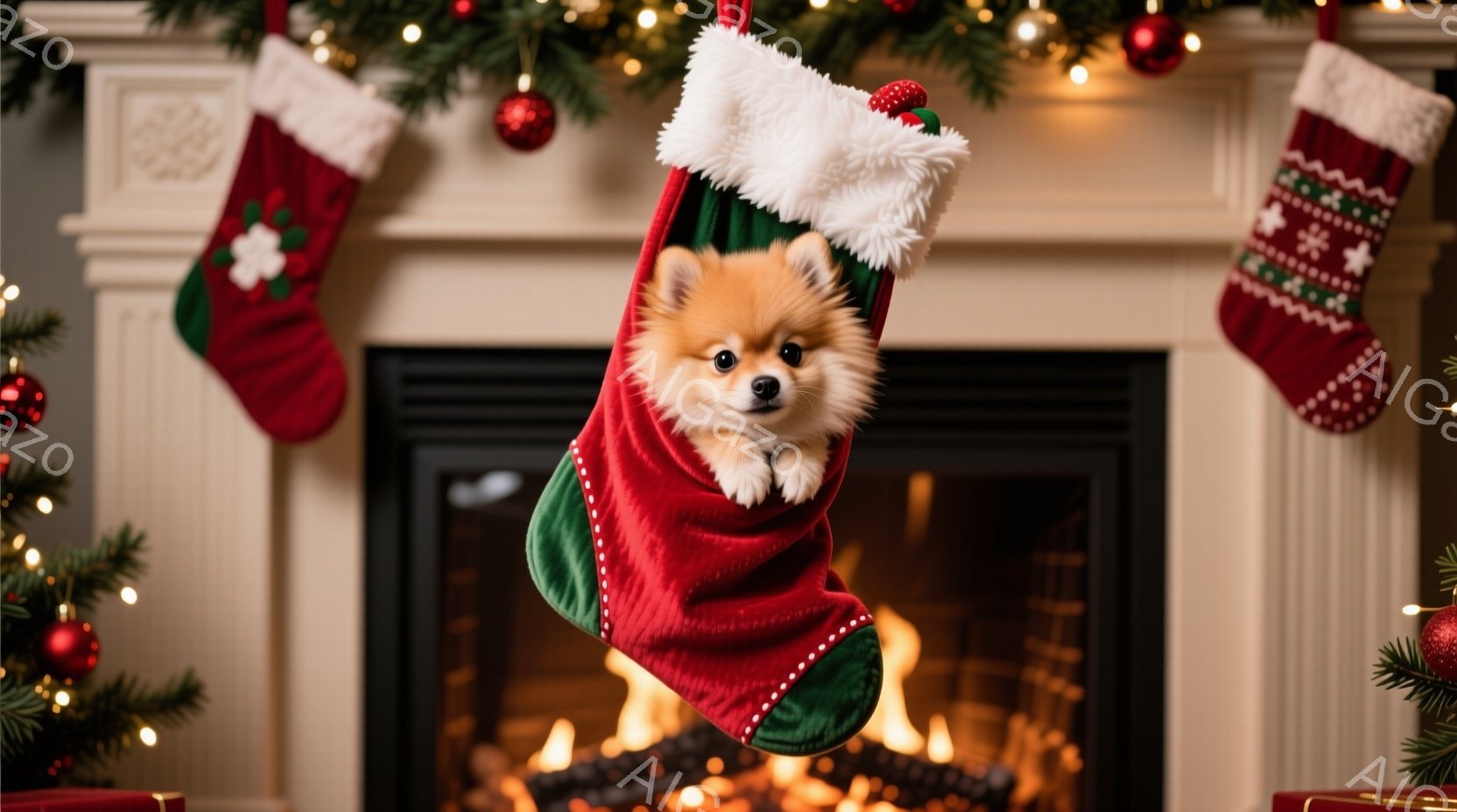 暖炉の前に飾られたクリスマスストッキングの中に、オレンジ色のふわふわの犬が入っています。犬は少し不安そうにストッキングの縁から前足を伸ばし、好奇心と少しの困惑が混ざった表情をしています。背景には、クリ - AI生成フリー素材