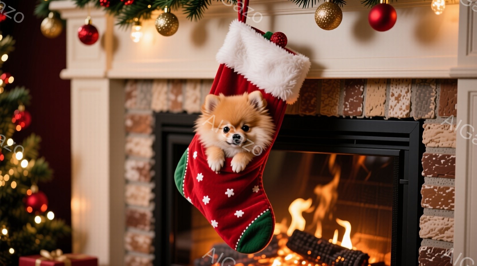 暖炉の前に飾られた赤いクリスマスストッキングの中に、ふわふわのオレンジ色の小型犬（ポメラニアン）が可愛らしく顔を出しています。犬は好奇心旺盛な表情で、少し困ったような愛らしい顔をしています。背景には、クリスマスツリーの飾りや、暖炉の燃え盛る炎が見え、温かく、居心地の良いクリスマスの雰囲気を醸し出しています。