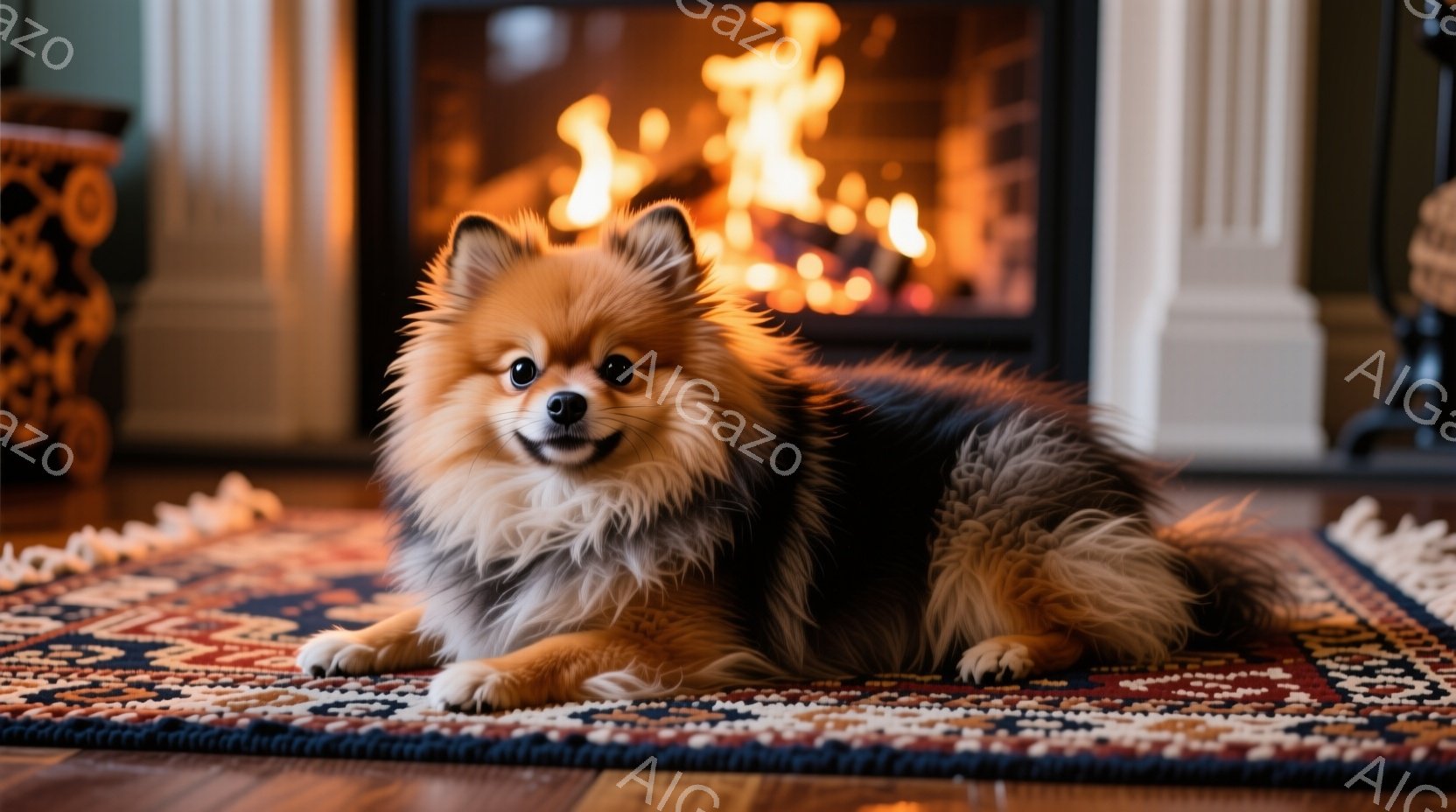 暖炉の前に、ふわふわの茶色と黒の毛並みを持つポメラニアンが敷かれた絨毯の上で横たわっています。愛らしい表情でカメラを見つめており、リラックスした姿勢から安らかな雰囲気が伝わってきます。背景には暖炉の炎 - AI生成フリー素材