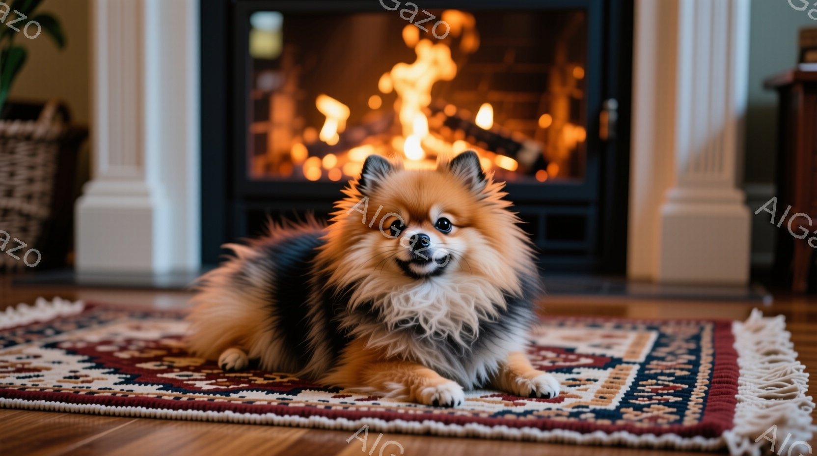 ポメラニアンがカラフルな敷物の上でリラックスして横たわっています。毛並みが美しく、顔には穏やかな微笑みが浮かんでいます。背景には暖炉があり、炎が燃えて暖かな雰囲気を醸し出しています。 - AI生成フリー素材