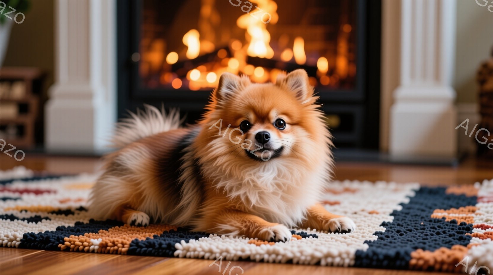 茶色い毛並みの小型犬（ポメラニアン）が、カラフルなラグの上に横たわっています。犬はカメラの方を見て穏やかな表情を浮かべており、リラックスした様子が伺えます。背景には暖炉があり、温かい光が室内を照らして - AI生成フリー素材