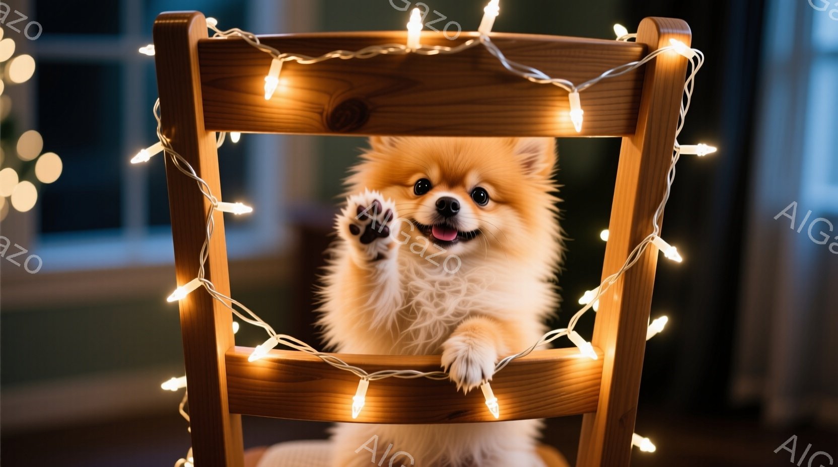 暖色系の毛並みが美しいポメラニアンが、背もたれに巻き付いた電飾ライトの中で、片手を上げています。その表情はとても愛らしく、楽しそうにしています。背景はぼやけていますが、暖色の光が優しく照らし、全体的に温かく、幸せな雰囲気です。