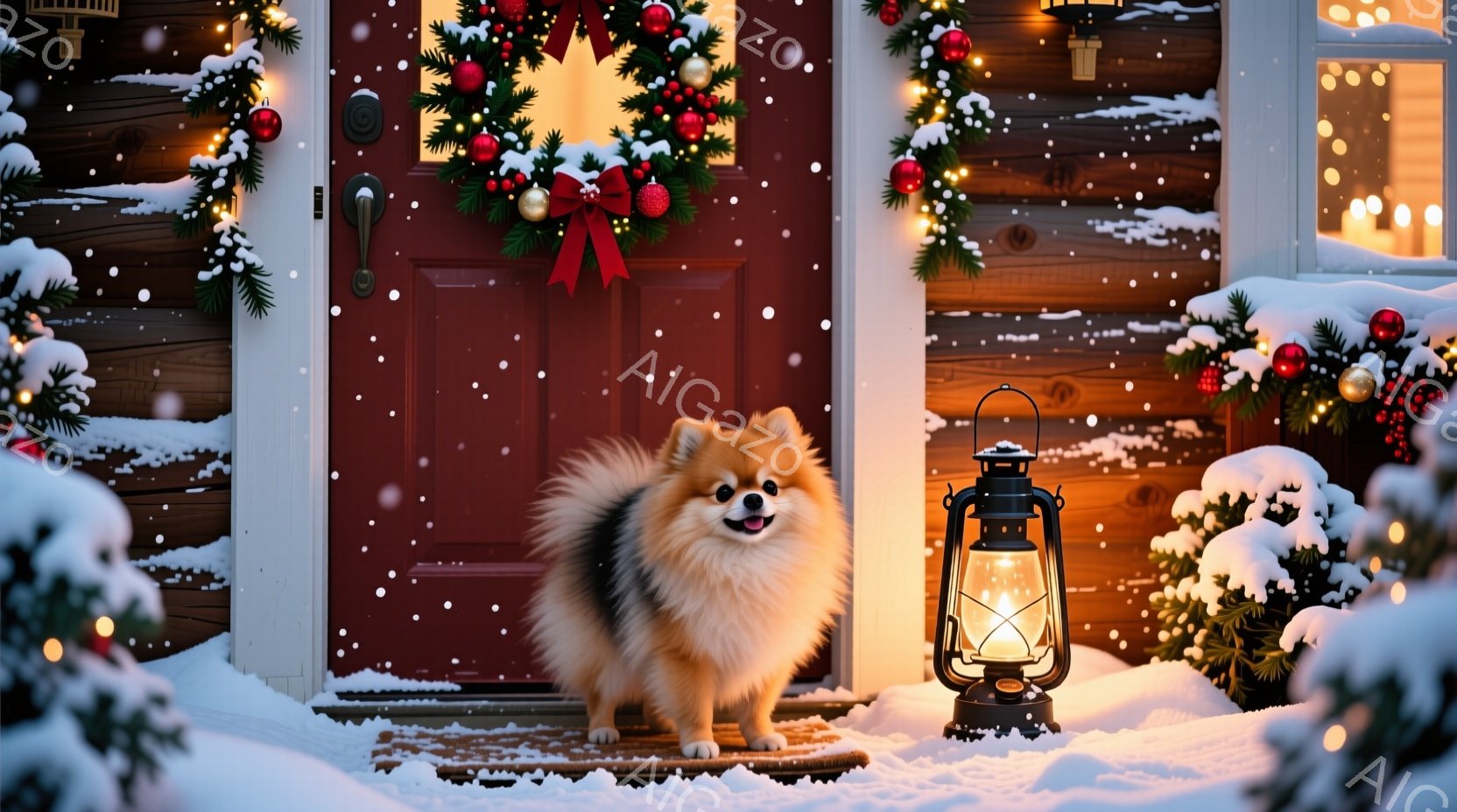 暖炉のような赤色のドアの前で、ふわふわのクリーム色のポメラニアンが正面を向いて座っています。背景は雪景色で、ドアと窓はクリスマス装飾で飾られ、温かい光が灯っています。雪が舞い降りる暖かく幻想的な冬の雰囲気が漂っています。