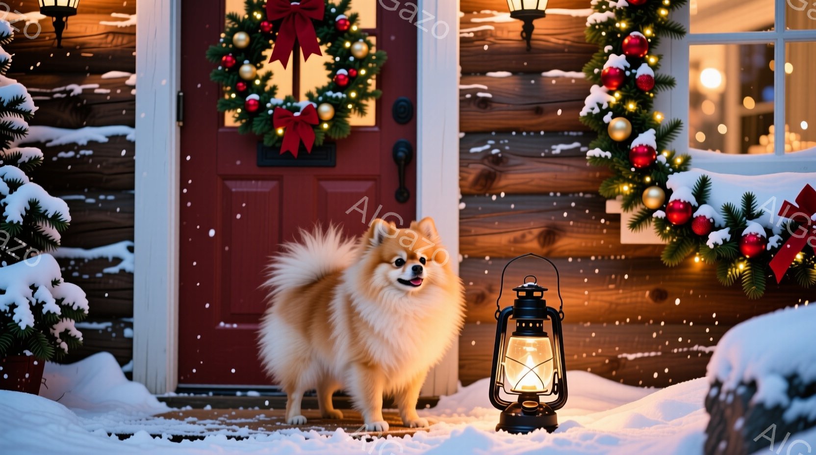 ふわふわのクリーム色のポメラニアンが、雪に覆われた家の玄関前に立っている。背景にはクリスマスリースやイルミネーションが飾られ、暖かな光が灯っている。雪が舞い、クリスマスの温かく幻想的な雰囲気を醸し出し - AI生成フリー素材