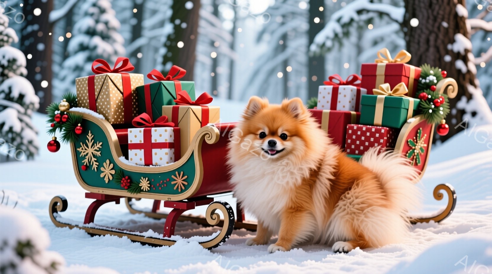 ふわふわのクリーム色のポメラニアンが、クリスマスマーケットと思われる場所で正面を向いて立っている。黒い首輪に白い星の模様があり、少し微笑んでいるような表情を見せている。背景には、クリスマスツリーのイル - AI生成フリー素材