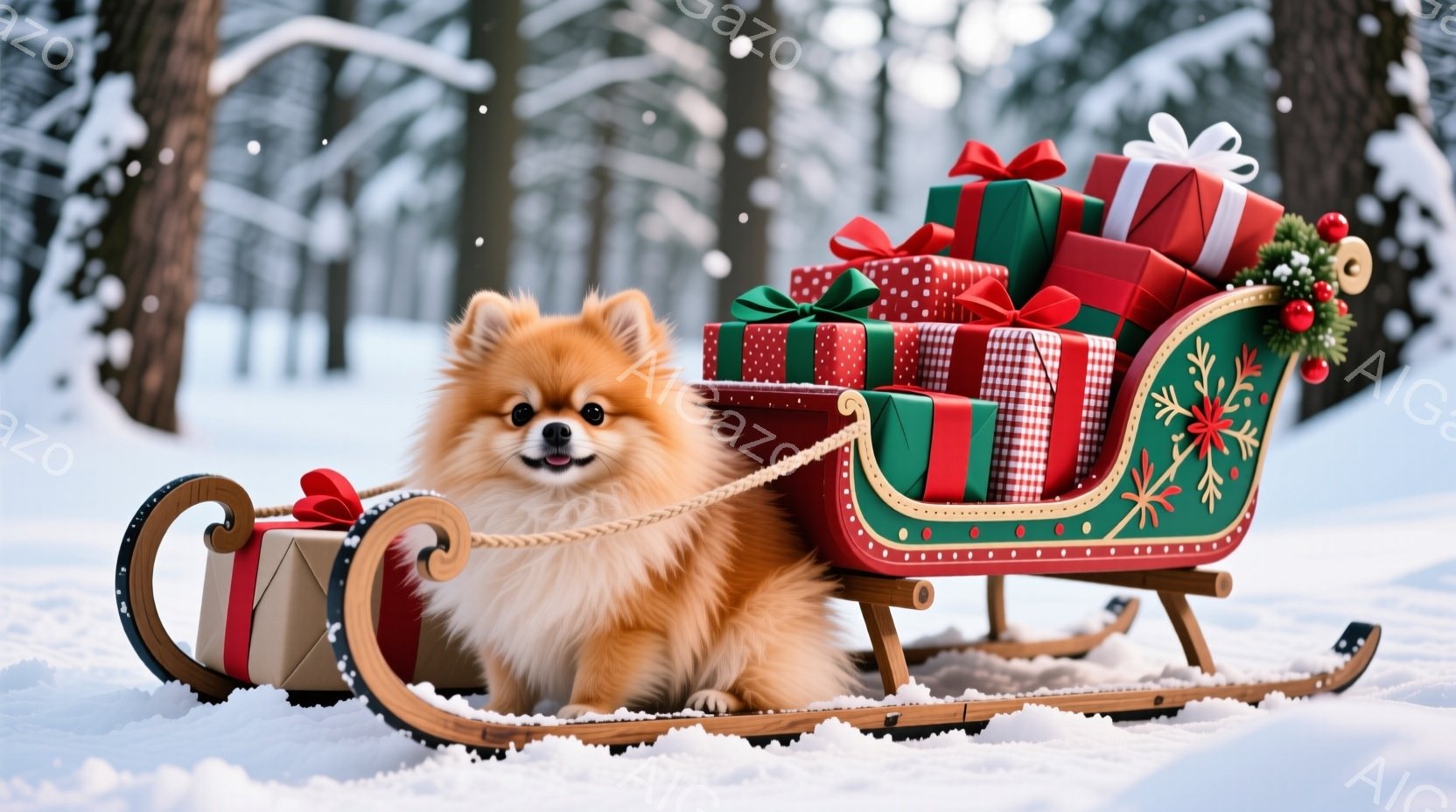 ふわふわの茶色の毛並みのチワワが、クリスマスのプレゼントが積み込まれた赤いそりに寄り添っています。そりは緑色と金色の装飾が施され、雪の上に置かれています。背景には雪景色が広がり、全体的に暖かく、お祝い - AI生成フリー素材