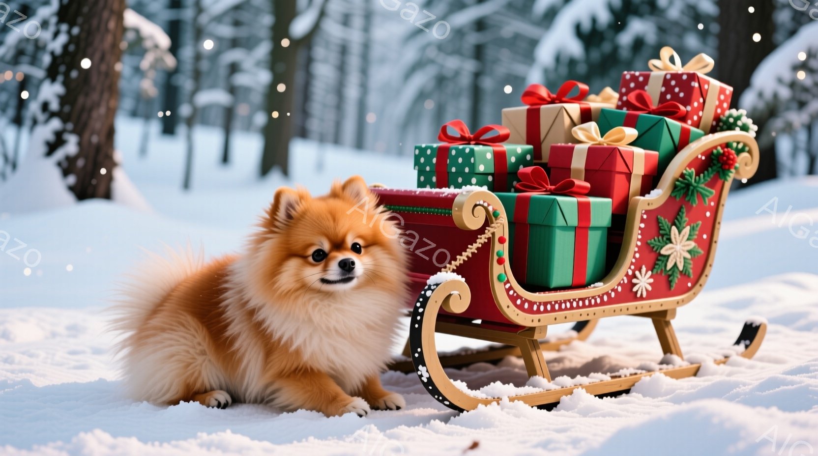 ふわふわの茶色のポメラニアンが雪の上に座り、赤いそりに積まれたプレゼントを見つめています。そりは金色の装飾が施され、緑と赤のリボンで結ばれた様々な大きさのプレゼントでいっぱいになっています。背景は雪で - AI生成フリー素材