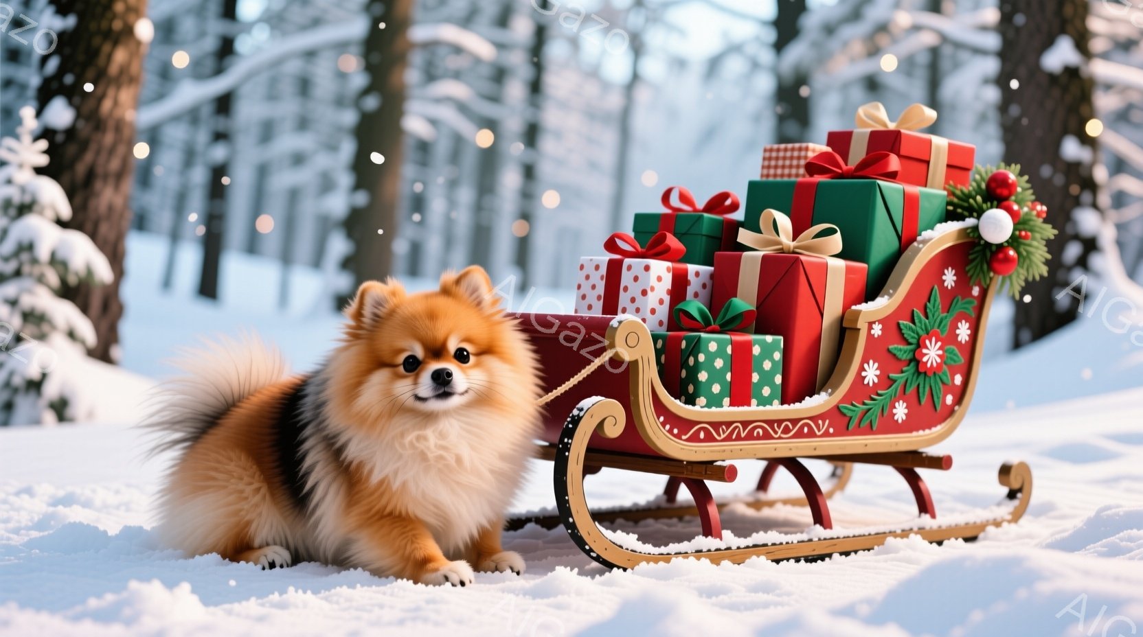 ふわふわの茶色いポメラニアンが雪の上に座り、赤いそりに積みまれたプレゼントを見つめています。そりは緑、赤、水色の包装紙で飾られたギフトでいっぱいになり、背景には雪に覆われた木々がぼんやりと見えます。全 - AI生成フリー素材
