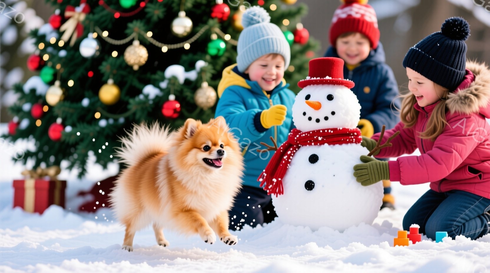 雪景色の中で、少年と少女が雪だるまを作っています。少年は青いジャケットとニット帽をかぶり、雪だるまに腕を付けています。少女はピンクのジャケットを着て、雪だるまに手を追加しており、オレンジ色のふわふわし - AI生成フリー素材