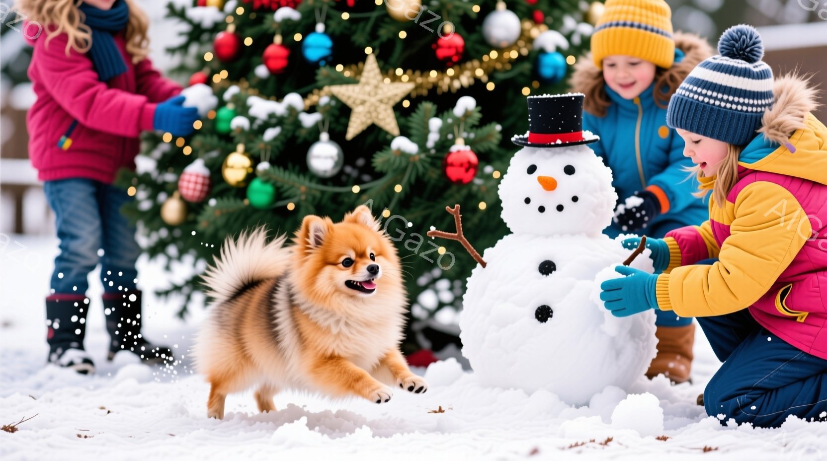 雪景色の中で、二人の子供と一匹の犬が雪だるまを作っています。子供たちは冬の帽子とジャケットを着て、雪だるまに枝や小石で顔を作っています。背景には、オーナメントで飾られたクリスマスツリーがあり、雪が舞い - AI生成フリー素材