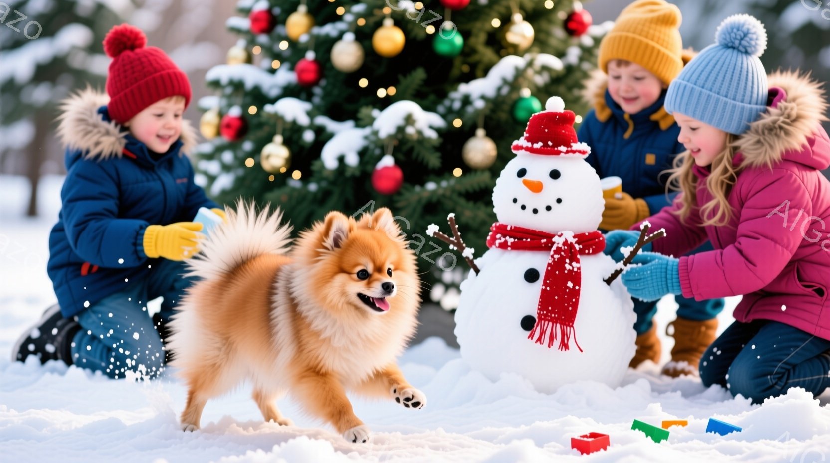 雪景色の中で、少年と少女が雪だるまを作っています。少年は赤い帽子と濃い青色の防寒着を着て、雪玉を持って楽しそうにしています。少女はピンク色のジャケットと青い帽子をかぶり、雪だるまの腕を作るために小枝を - AI生成フリー素材