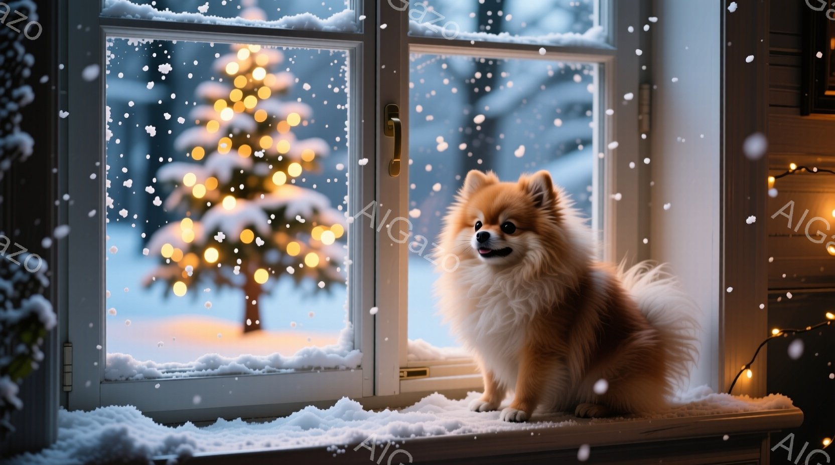 ふわふわの茶色のポメラニアンが雪積もった窓辺に座って外を見つめています。背景にはぼんやりと光るクリスマスツリーが見え、雪が舞う冬の穏やかな雰囲気が漂っています。窓枠にも雪が積もり、暖かな室内とのコント - AI生成フリー素材