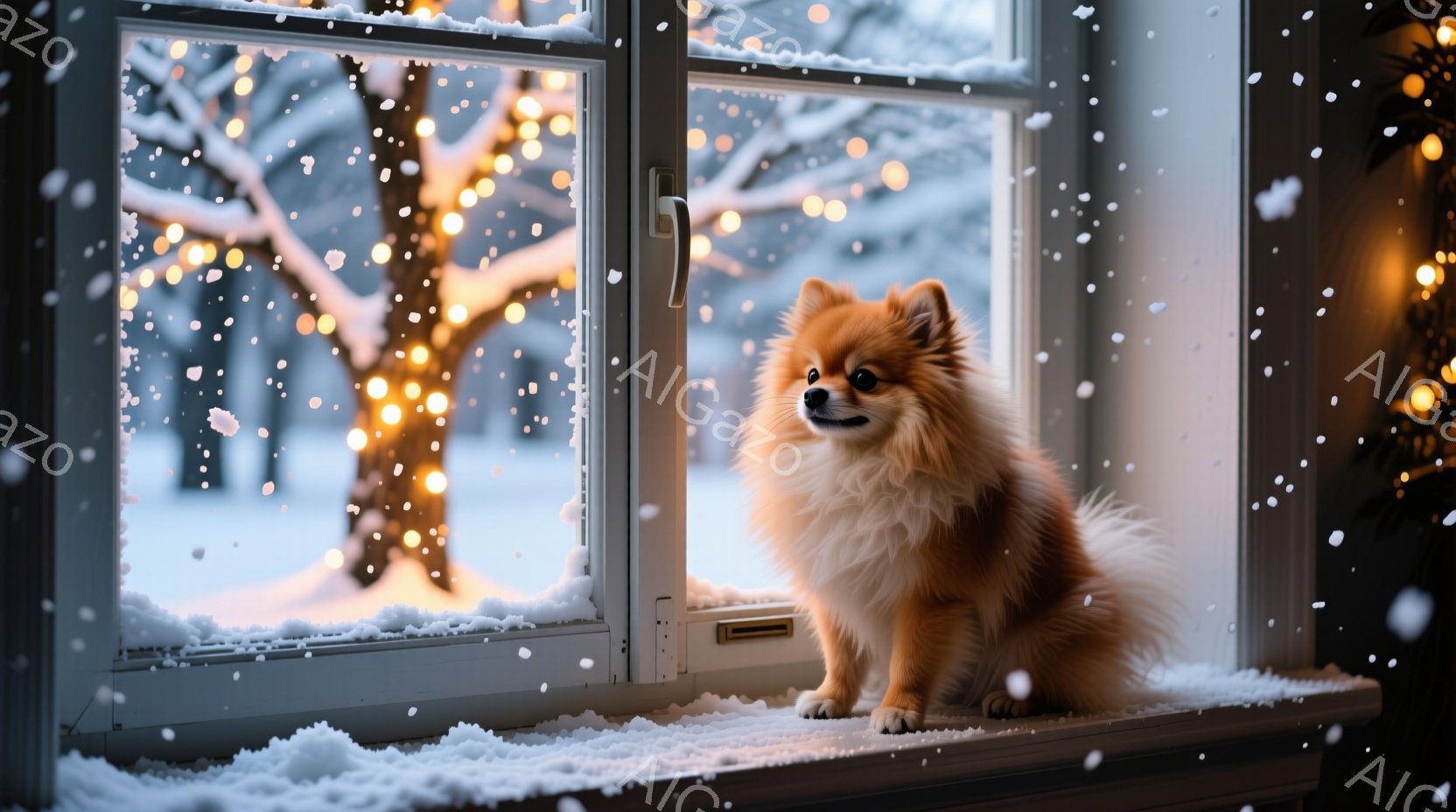 ふわふわの茶色いポメラニアンが窓辺に座り、外を眺めている。窓の外には雪景色が広がり、ぼんやりと光る暖かい色の照明が冬の夜の静かで穏やかな雰囲気を醸し出している。窓枠には雪が積もり、室内との暖かさのコントラストが強調されている。