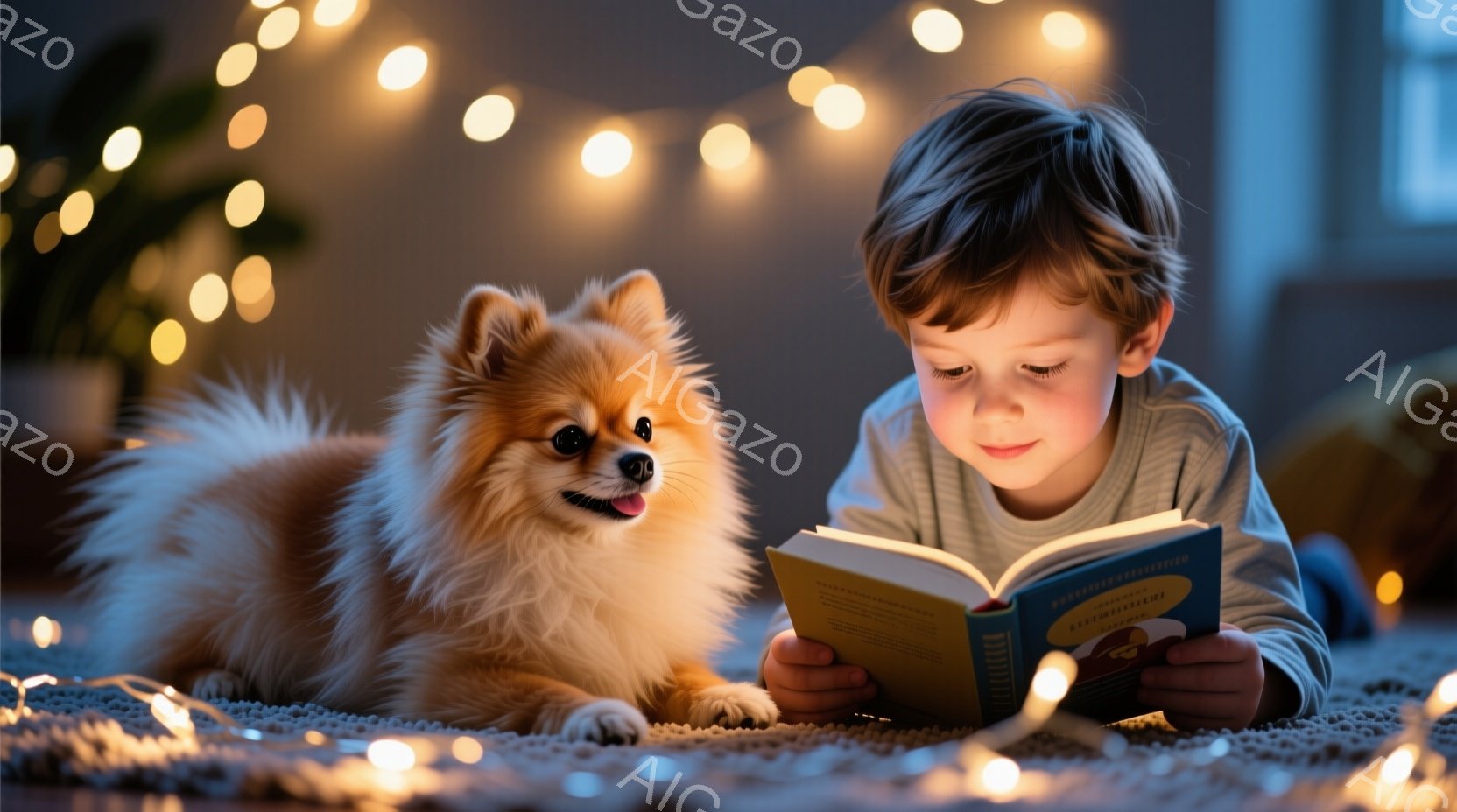 少年は毛むくじゃらの茶色の犬の隣で床に横たわり、本を熱心に読んでいます。彼は青い長袖シャツを着ており、茶色の髪は少し乱れています。背景にはぼやけた室内と、温かい光を放つ多数の小さな電球があり、家庭的な - AI生成フリー素材