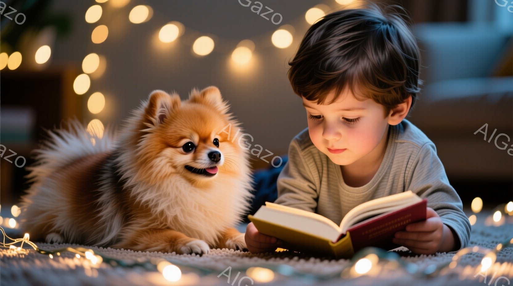 少年は床に寝そべり、開いた本に集中して読みふけっている。ふわふわとした茶色のポメラニアンが少年の隣でリラックスして横たわり、少年の視線の先を見ている。背景には、暖かく柔らかい光を放つ無数の小さな電飾が - AI生成フリー素材