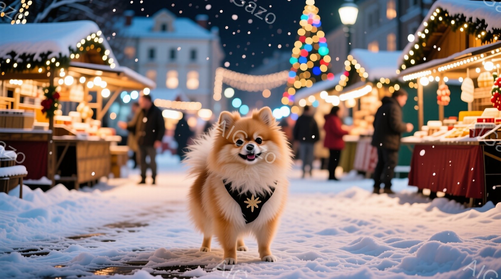 ふわふわのクリーム色のポメラニアンが、クリスマスマーケットの雪景色の中で正面を向いて立っている。黒い首輪には白い雪の結晶の模様が描かれており、好奇心に満ちた表情でカメラを見つめている。背景には、ライト - AI生成フリー素材