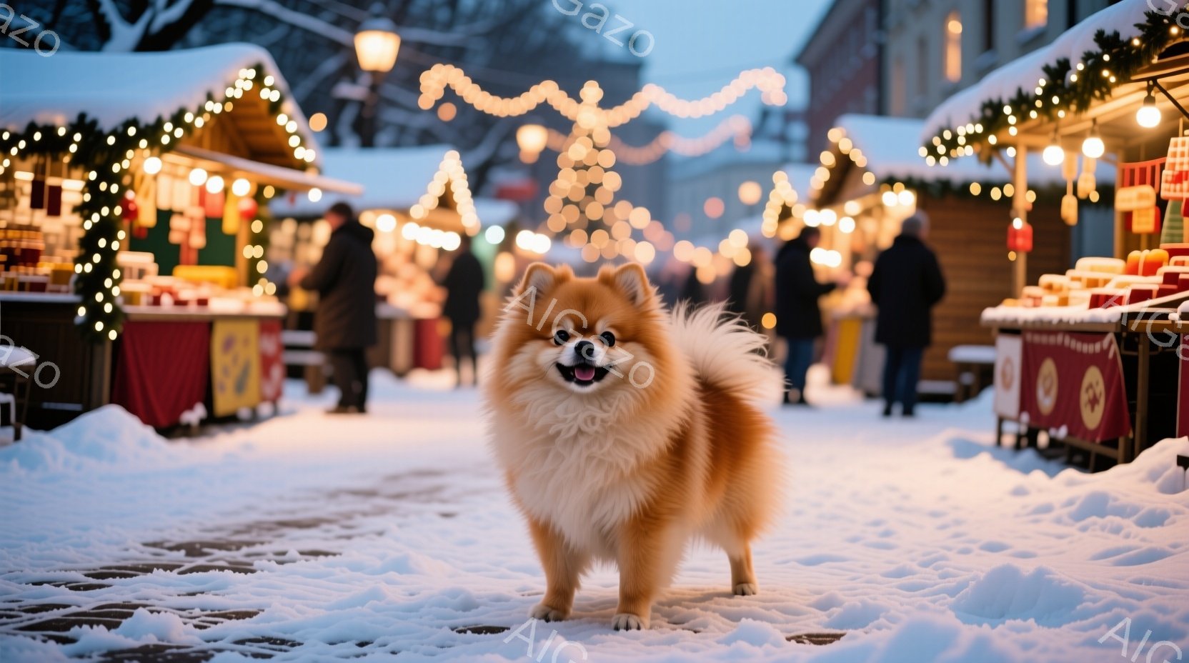 ふわふわの茶色のポメラニアンが雪に覆われた市場の通路の中央で正面を向いて立っている。背景にはクリスマスの飾り付けがされた屋台が並び、ぼんやりと人影が見える。雪景色と温かい光のコントラストが、冬の温かく - AI生成フリー素材