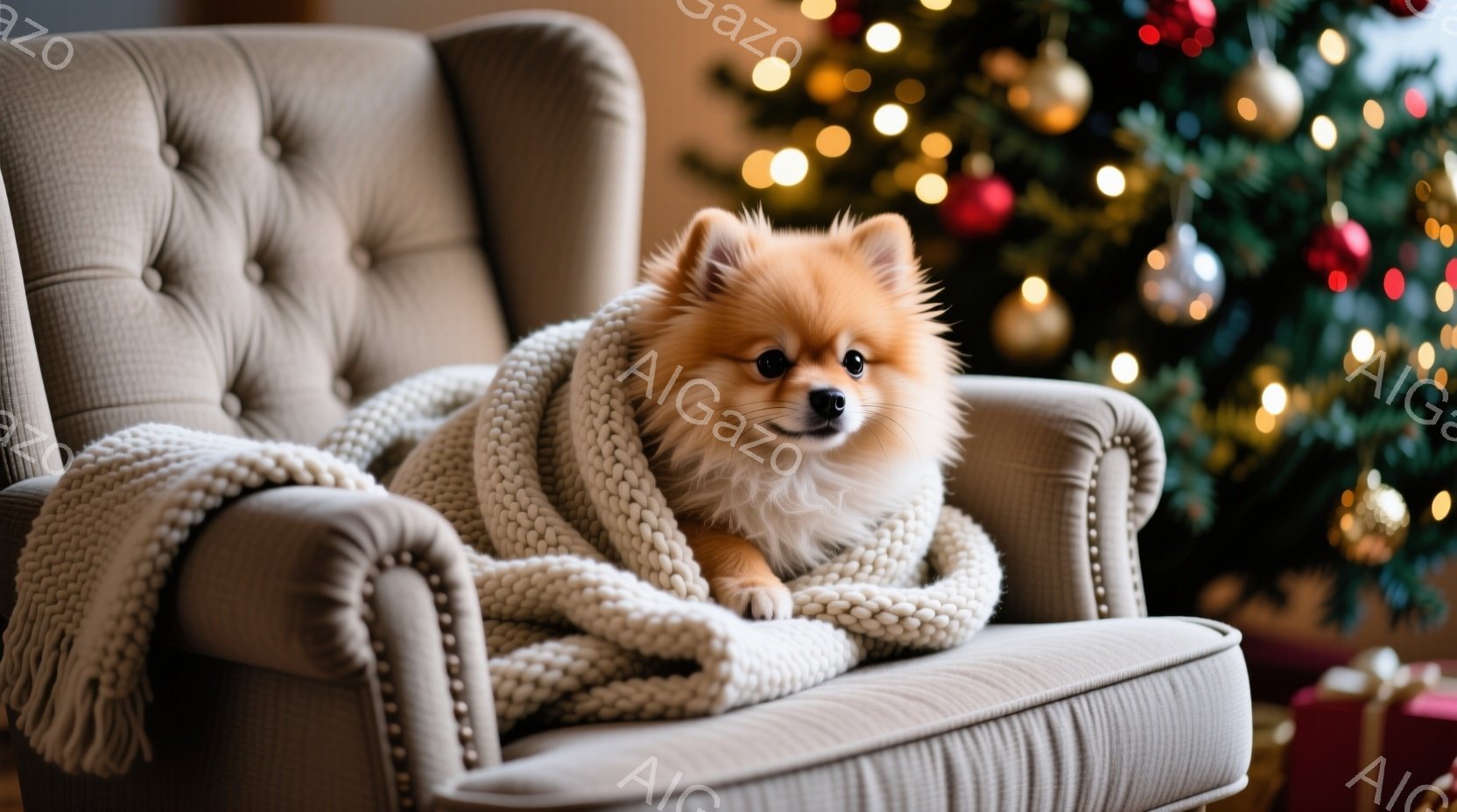 オレンジ色のポメラニアンが、ベージュ色の肘掛け椅子の背もたれにもたれかかって座っています。白いざっくりとした編み物のショールが犬を包み込み、リラックスした表情をしています。背景には、ぼやけたクリスマス - AI生成フリー素材