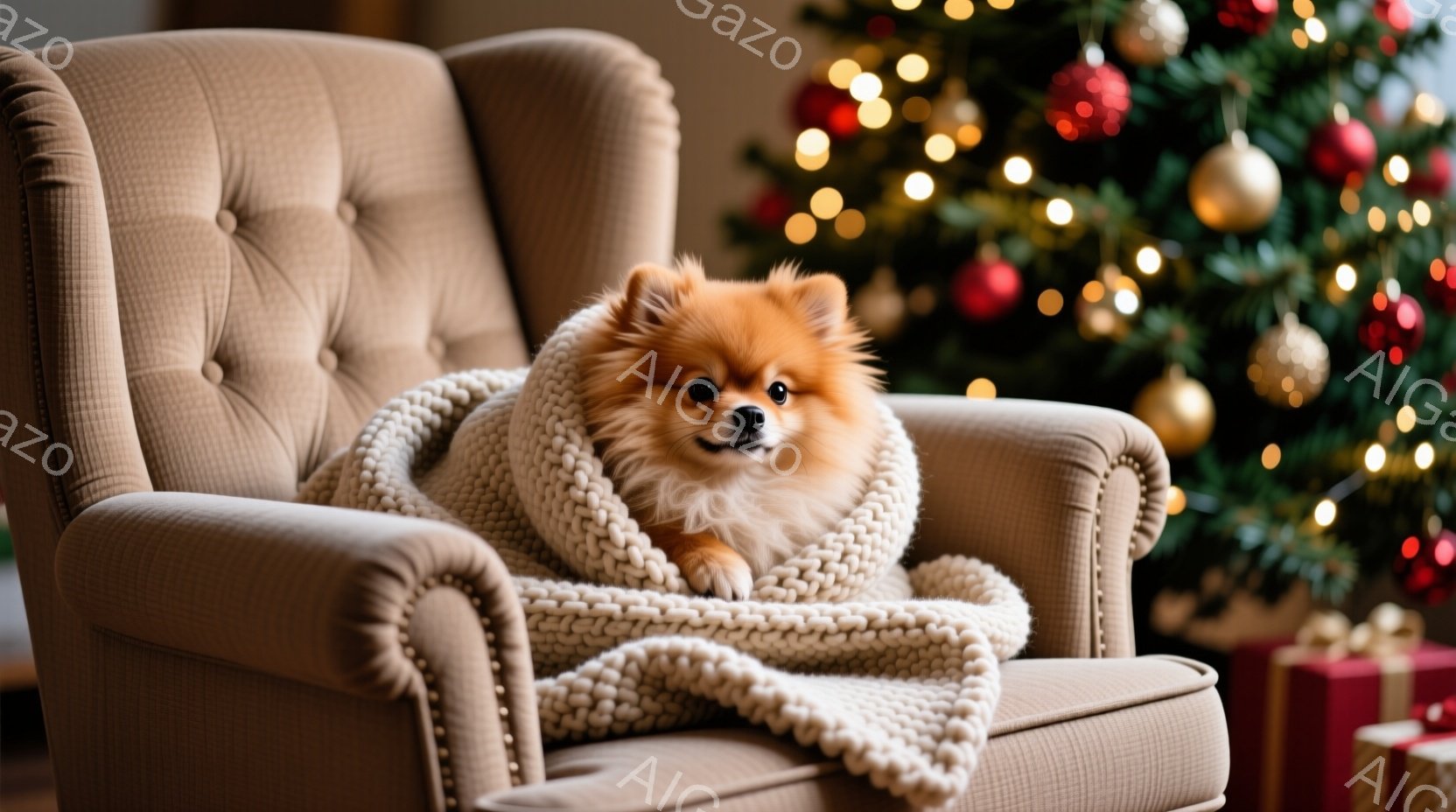 鮮やかなオレンジ色の毛並みの小型犬が、ベージュ色の肘掛け椅子の座席に丸まって座っています。犬はオフホワイトの編み物のブランケットに包まれ、リラックスした表情をしています。背景には、オーナメントで飾られ - AI生成フリー素材