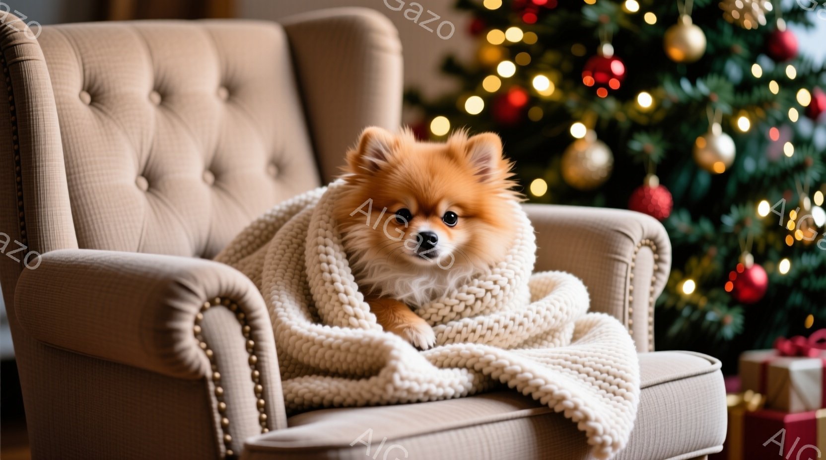 ふわふわのオレンジ色のポメラニアン犬が、ベージュ色の鋲留めが施された肘掛け椅子に座って、クリーム色のざっくりとした編み物のブランケットに包まれています。犬は正面を見て、穏やかで可愛らしい表情をしていま - AI生成フリー素材