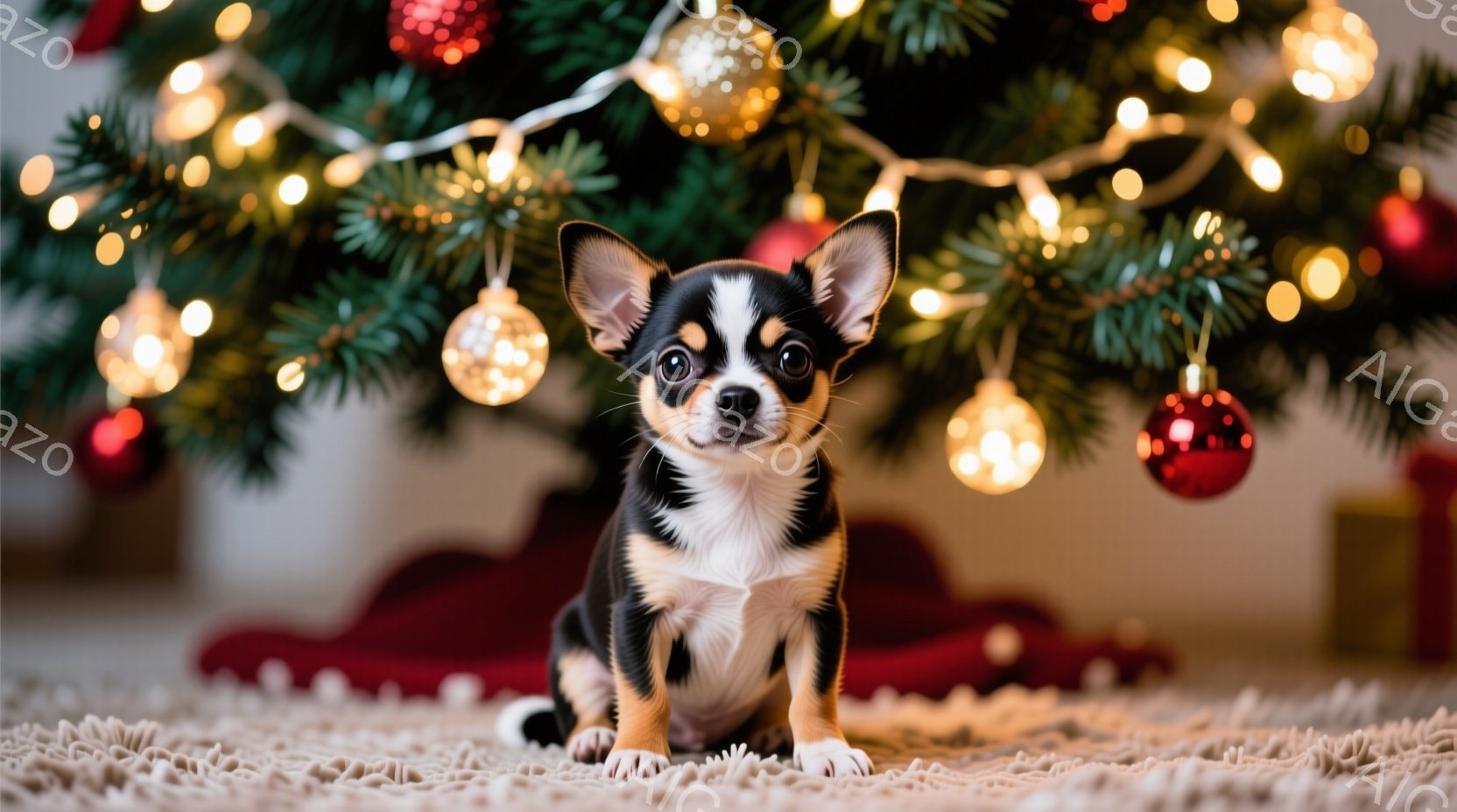 小さなチワワが、赤いクッションとクリスマスツリーの飾り付けがぼやけた背景の中で、正面を見て座っています。白、黒、茶色の毛並みで、耳は大きくピンと立っており、表情は穏やかで愛らしいです。背景には、キラキ - AI生成フリー素材