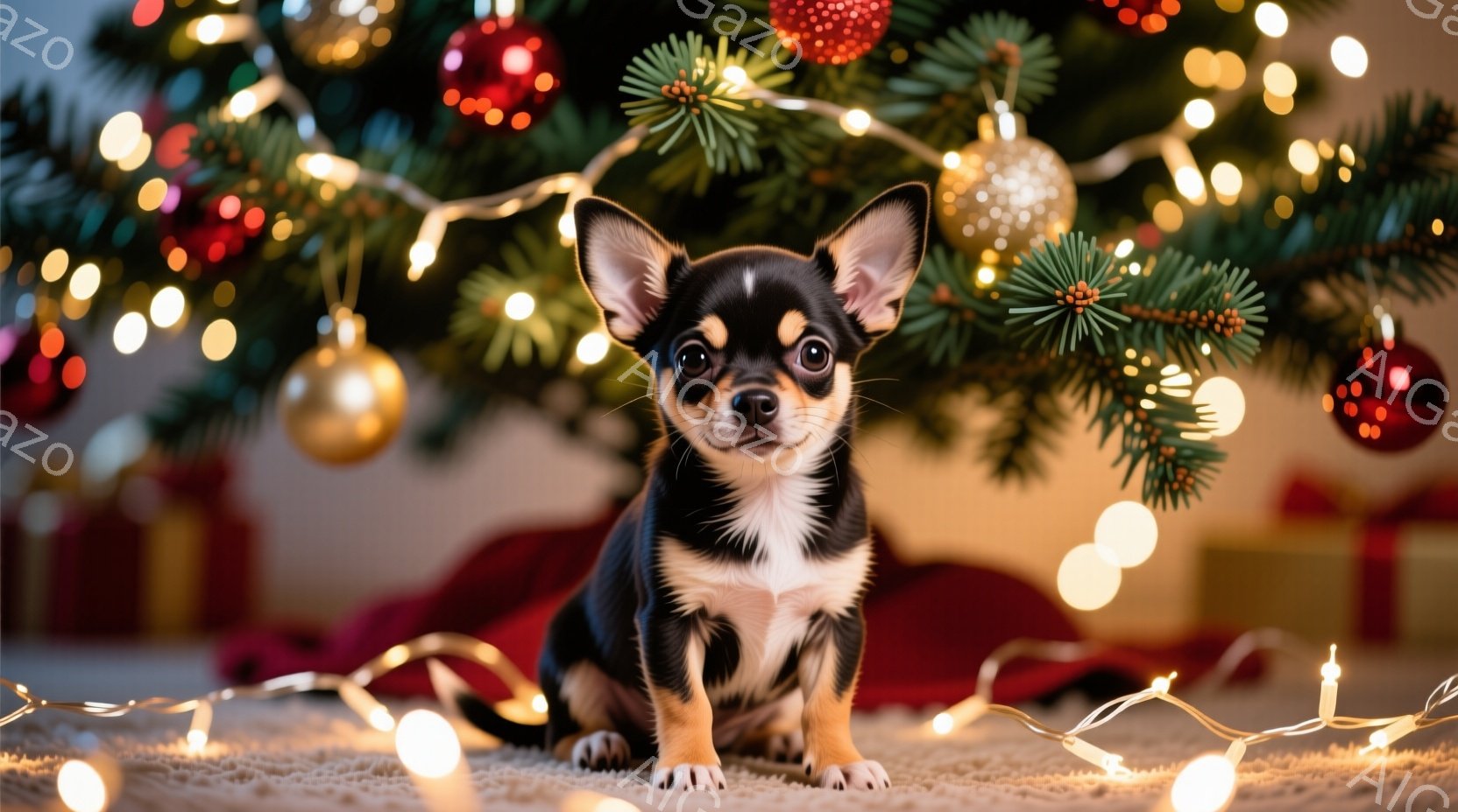 小さなチワワが、クリスマスツリーの前で座ってこちらを見ています。黒とクリーム色の毛並みで、つぶらな瞳と小さな鼻が可愛らしいです。背景には、赤い、金色のオーナメントで飾られたクリスマスツリーがあり、足元 - AI生成フリー素材