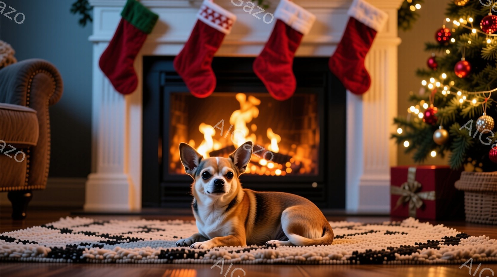 小さな茶色のチワワが、暖炉の前にある敷物の上でリラックスして座っています。暖炉には火が燃え、その上にはクリスマス柄の靴下が飾られています。背景には、飾り付けられたクリスマスツリーとプレゼントの箱が見え - AI生成フリー素材