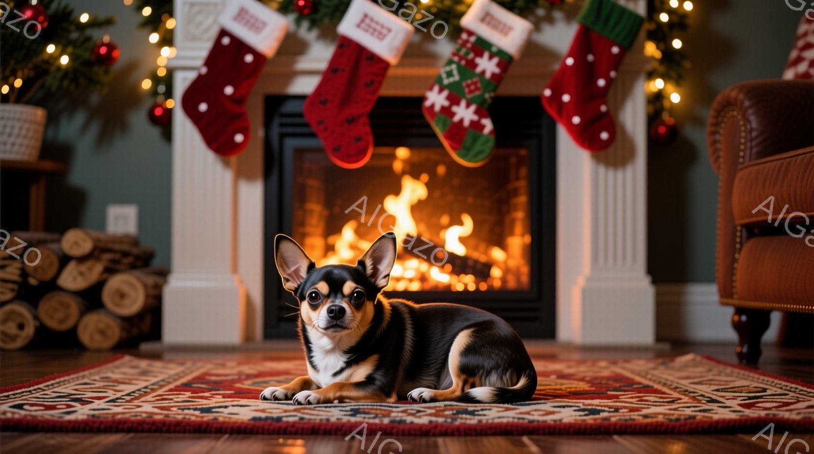 小さなチワワが、暖炉の前にあるカラフルな敷物の上で横たわっています。暖炉の中では火が燃え盛り、クリスマスの飾り付けが暖炉の上に並べられています。全体的に、温かく居心地の良いクリスマスの雰囲気が漂ってい - AI生成フリー素材