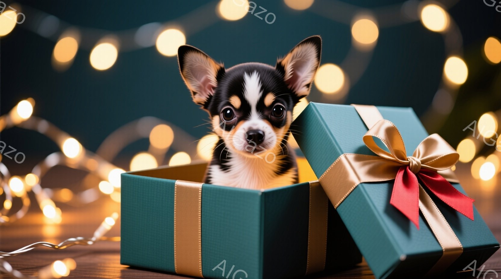 小さなチワワが、緑色のギフトボックスの中から顔を出しています。ギフトボックスは金色のリボンで飾られ、木製のテーブルの上に置かれています。背景にはぼやけた温かい色のライトが点在し、贈り物やサプライズの喜びを暗示する、お祝いムードに満ちた雰囲気です。
