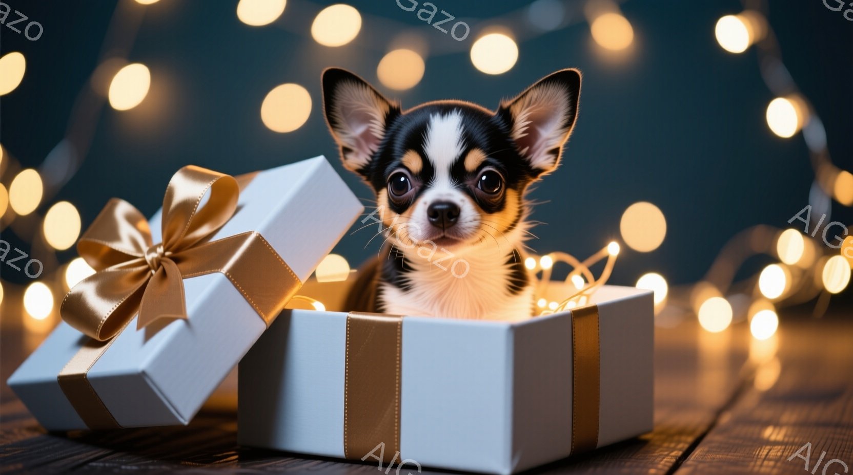 白いギフトボックスの中に、小さなチワワがちょこんと座っています。明るい茶色の大きな瞳でカメラを見つめ、可愛らしい表情をしています。背景にはぼやけた温かい色の光が散りばめられ、お祝いや幸せな雰囲気が漂っています。
