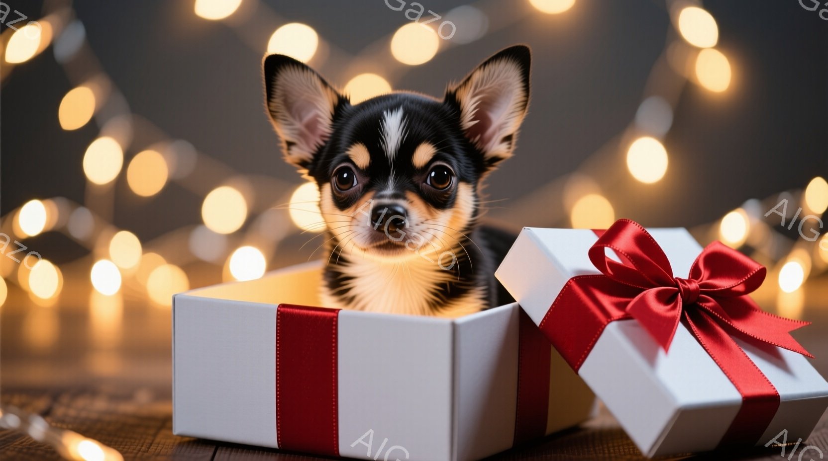 クリスマスツリーの枝に小さなチワワが前足を伸ばして赤いオーナメントに触れようとしています。その表情は好奇心に満ちており、つややかな毛並みは白と茶色のまだら模様です。背景には、ぼやけたクリスマス装飾が施 - AI生成フリー素材